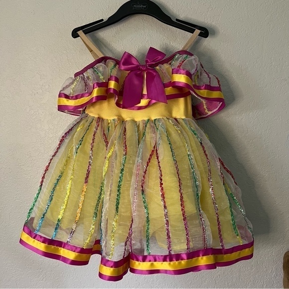 Revolution dance wear yellow & pink outfit costume, MC, 2 hair bows, lace trim. - Picture 11 of 16